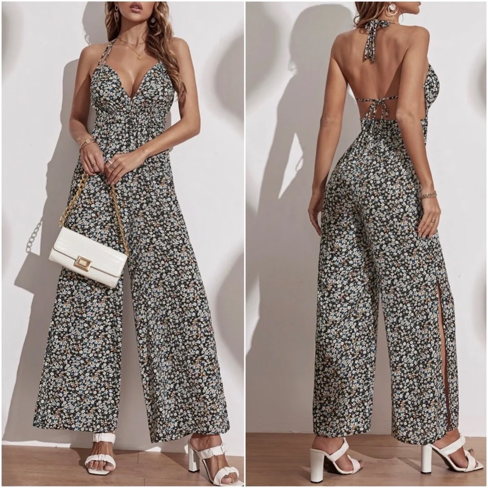 Boho Floral Print Open Back Tie Halter Jumper Jumpsuit - Picture 2 of 8